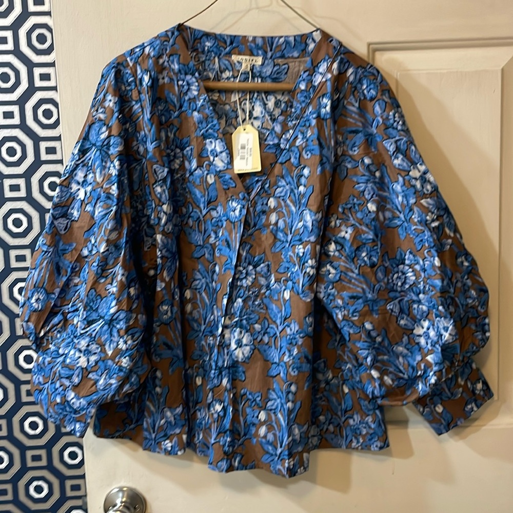 Mocha and blue floral blouse